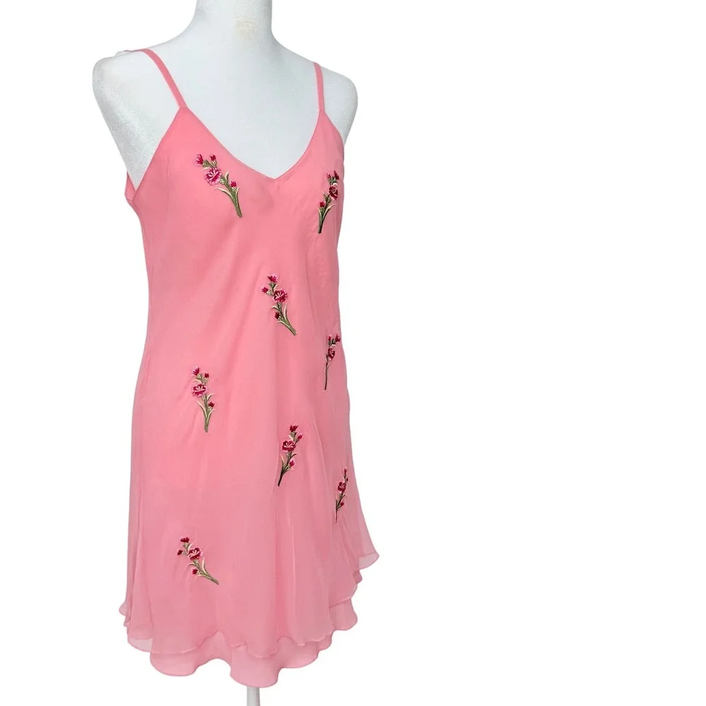 Vintage Victorias Secret Gold Label Pink Floral Embroidered Slip Dress Small 90s